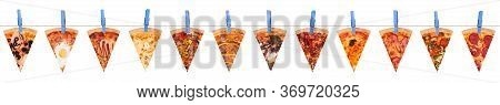 Large Collection Of Various Pizza Slices Attach To Rope With Blue Clothes Pins, Isolated On White Ba