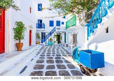 Mykonos, Greece. Wiew Of Whitewashed Cycladic Street In Beautiful Mykonos Town, Cyclades Greek Islan