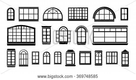 Window Frames Isolated On White Background. Set With Different Silhouettes Of Window Frames For Home