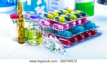 Drug Prescription For Treatment Medication. Pharmaceutical Medicament, Cure In Container For Health.