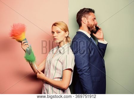 Housekeeping Routine. Couple Man And Woman Team. Housekeeping Or Business. Housewife And Businessman