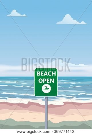 Summer Beach Banner Open. Seascape Ocean Shore Tropical Flora Palms. Opening Season Vacation. Vector