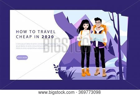 Weekend Adventure And Hiking Concept. Website Landing Page. Couple Of Young Tourists With Backpacks.