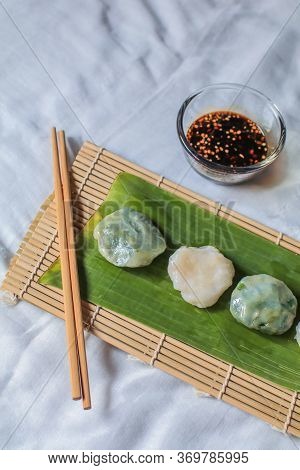 Steamed Guizhou Of Dumpling Stuffed Slice Garlic Chive Dipping With Soy Sauce.thailand Street Food C
