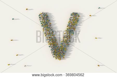 Large Group Of People Forming Letter V, Capital English Alphabet Text Character In Social Media And 