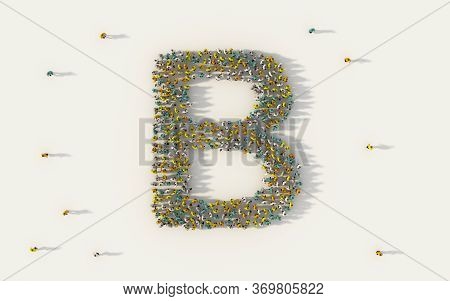 Large Group Of People Forming Letter B, Capital English Alphabet Text Character In Social Media And 