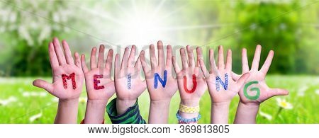 Children Hands Building Word Meinung Means Opinion, Grass Meadow