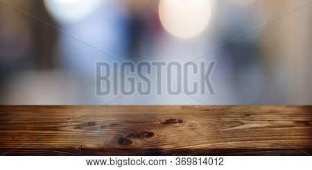 Empty Wooden Counter With Bokeh Lights Abstract Blurred Bar And Restaurant Background In Vintage Col