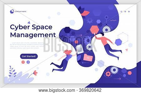 Landing Page Template With Man And Woman Flying Or Levitating In Cyber Space. Cyberspace Management,