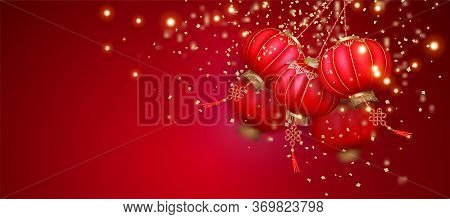 Classic Chinese New Year Background. Chinese Lanterns Swaying In The Wind, Flying Glitter Confetti O