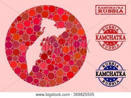 Vector Map Of Kamchatka Peninsula Collage Of Round Elements And Red Rubber Stamp. Stencil Round Map 