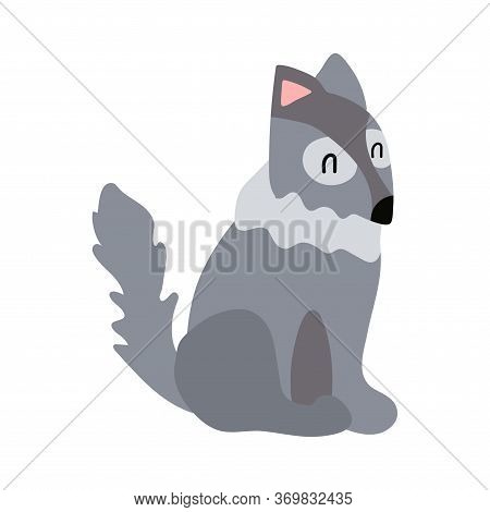 Vector Cute Wolf Sitting On A White Background Isolated Clip-art. Print For Clothes, Goods, Products