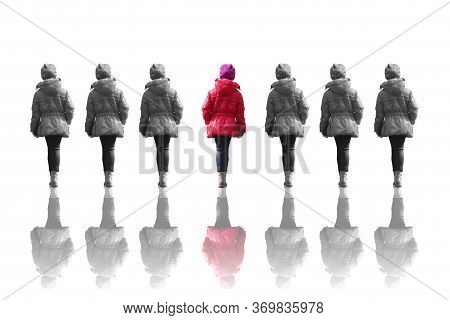 Abstract Photo Of Girl In Red Jacket From Back Between Black And White Images Of Same Girl Isolated 