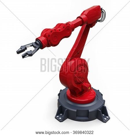 Robotic Red Arm For Any Work In A Factory Or Production. Mechatronic Equipment For Complex Tasks. 3d