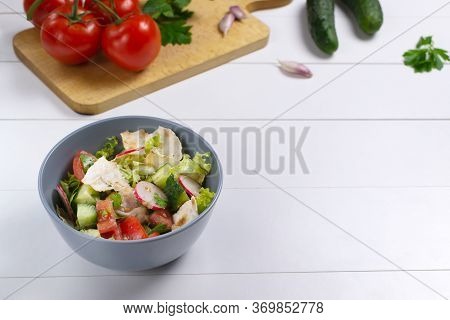 Fattoush Salad In A Gray Bowl With Ingredients On A White Background. Copy Space. Levantine Fattoush