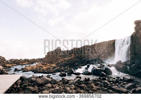 Ehsaraurfoss Falls On The Ehsarau River, The Silfra Fault, The Tingwedlire Valley In Iceland.