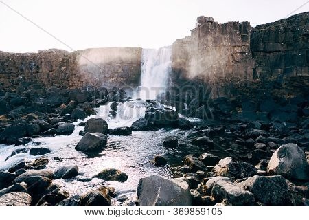Ehsaraurfoss Falls On The Ehsarau River, The Silfra Fault, The Tingwedlire Valley In Iceland.
