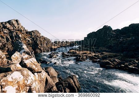 Mountain River From Ehsaraurfoss Falls, In Silfra Fault, Tingwedlir Valley.