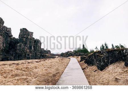 Wooden Hiking Trail In Sylfra Fault, Thingvedlir Valley In Iceland.