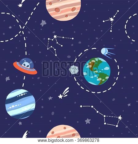 Galaxy Seamless Pattern Design. Alien Spaceship Travel. Cute Design For Kids Fabric And Wrapping Pap
