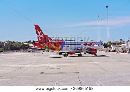 Air Malta Aircraft Parking In Closed Malta International Airport During Global Coronavirus Quarantin