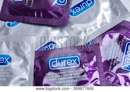 Kyiv, Ukraine - 21 May 2020: A Lot Of Durex Condoms. Durex Elite And Invisible. Healthy And Safe Sex