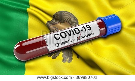Flag of Penza Oblast waving in the wind with a positive Covid-19 blood test tube. 3D illustration concept for blood testing for diagnosis of the new Corona virus.