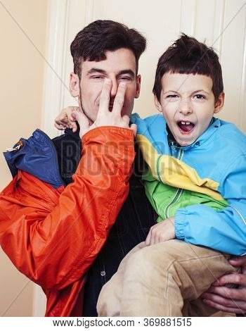 Faher And Son Together Having Fun At Home, Lifestyle Happy Family, People At Home