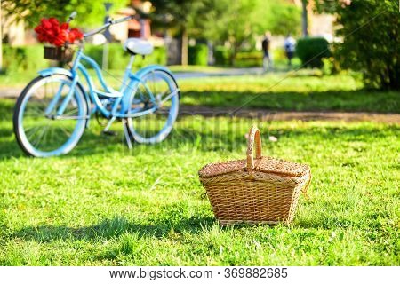 Picnic Time. Vintage Bike Garden Background. Rent Bike To Explore City. Nature Cycling Tour. Retro B