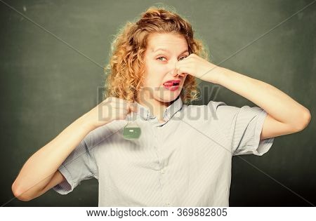 Girl Student Dislike Chemistry. Student Practicing On Hateful Lesson. College Student Performing Che