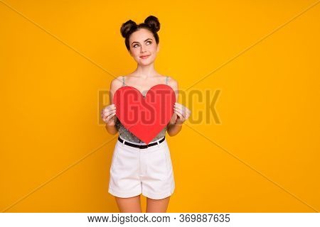 Interested Minded Girl Get Red Big Paper Card Heart On 14-february Celebration Look Copyspace Think 