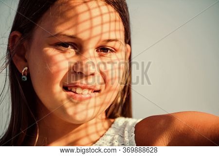 Hello Summer. Enjoy Good Weather. Kid Fashion. Pretty Child Outdoor. Natural Beauty. Small Girl Smil