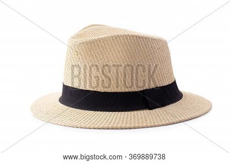 Vintage Straw Hat With Black Ribbon For Man Isolated On White Background.
