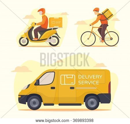 Delivery Service Transportation Set Courier Riding Motorcycle Bicycle Car Van Shipping Parcel Packag