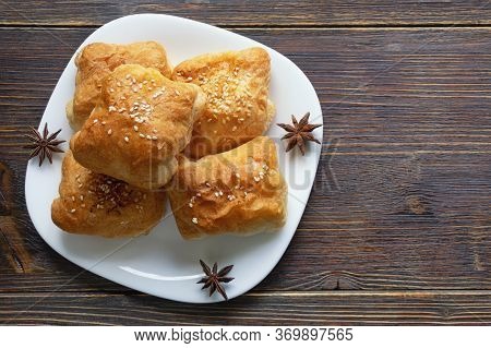 Balkan Cuisine. Mantije ( Manti ) -  Filled Pastry,  Popular National Dish. Flat Lay. Free Space For