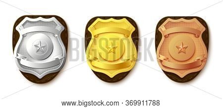 Police Badges In Gold, Brass And Silver Realistic Vector Illustration Isolated.