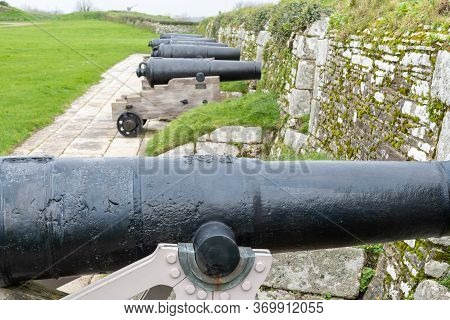 Falmouth.cornwall.united Kingdom.february 21st 2020.a Row Of Cannons Is On Display At Pendennis Cast