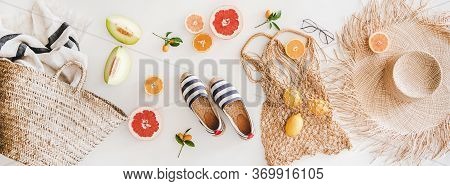 Summer Mood Layout With Accessories And Fruits, Top View