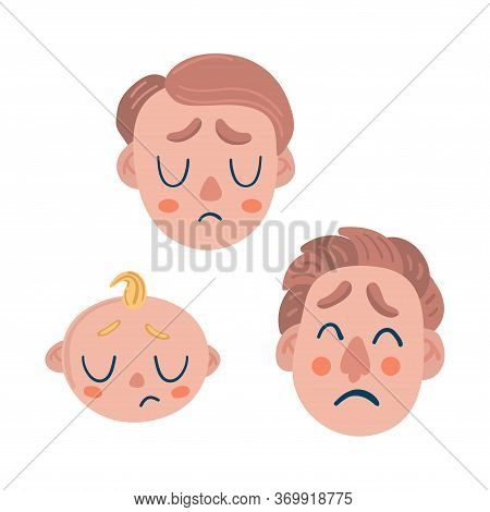 Sad Mens Emotions. Newborn, Teenager, Adult. Tears And Longing. Flat Vector Illustration