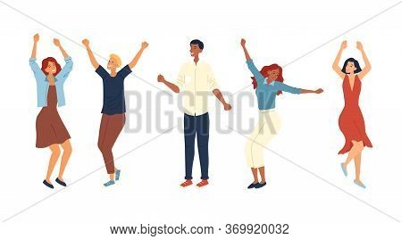 Dance Party Concept. Group Of Fashion People Are Dancing Together. Satisfied Characters In Different