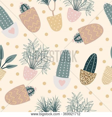 Seamless Pattern With Decorative Houseplants. Beautiful Natural Home Decorations.