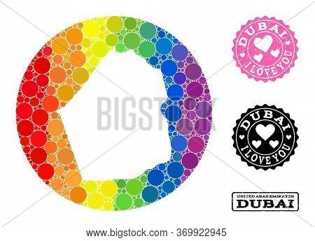 Vector Mosaic Lgbt Map Of Dubai Emirate With Circle Spots, And Love Grunge Seal Stamp. Hole Round Ma