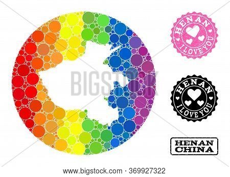 Vector Mosaic Lgbt Map Of Henan Province With Round Items, And Love Rubber Seal Stamp. Stencil Round