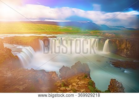 Godafoss Waterfall In Iceland, Summer Natural Travel Background
