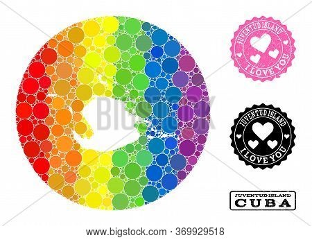 Vector Mosaic Lgbt Map Of Juventud Island From Spheric Dots, And Love Scratched Seal Stamp. Hole Rou