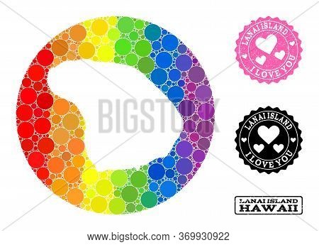 Vector Mosaic Lgbt Map Of Lanai Island With Circle Dots, And Love Rubber Stamp. Hole Circle Map Of L