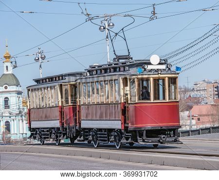 Old Vintage Tramway Cars On The Empty City Street. Moscow. Russia.