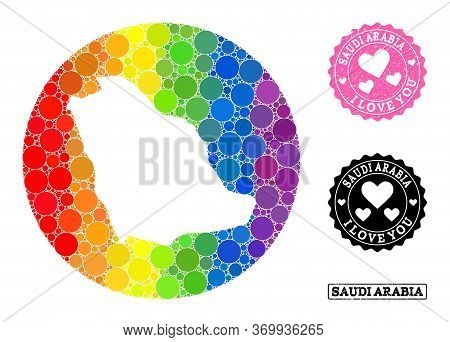 Vector Mosaic Lgbt Map Of Saudi Arabia With Round Elements, And Love Scratched Seal. Subtraction Cir