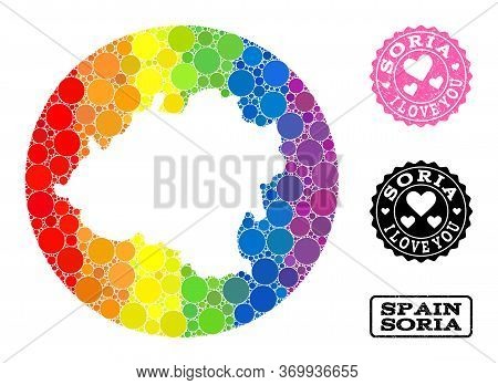 Vector Mosaic Lgbt Map Of Soria Province With Round Elements, And Love Grunge Seal Stamp. Hole Round