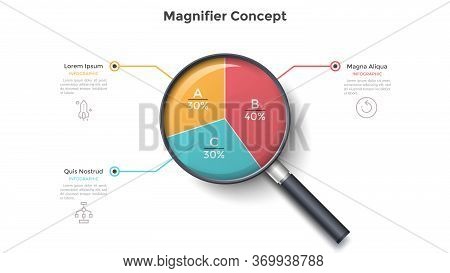 Magnifying Glass With Round Pie Chart Divided Into 3 Colorful Sectors. Concept Of Three Parts Of Bus